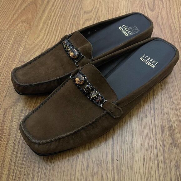 STUART WEITZMAN brown suede leather slip on loafers with rhinestones size US 8 - Picture 3 of 8